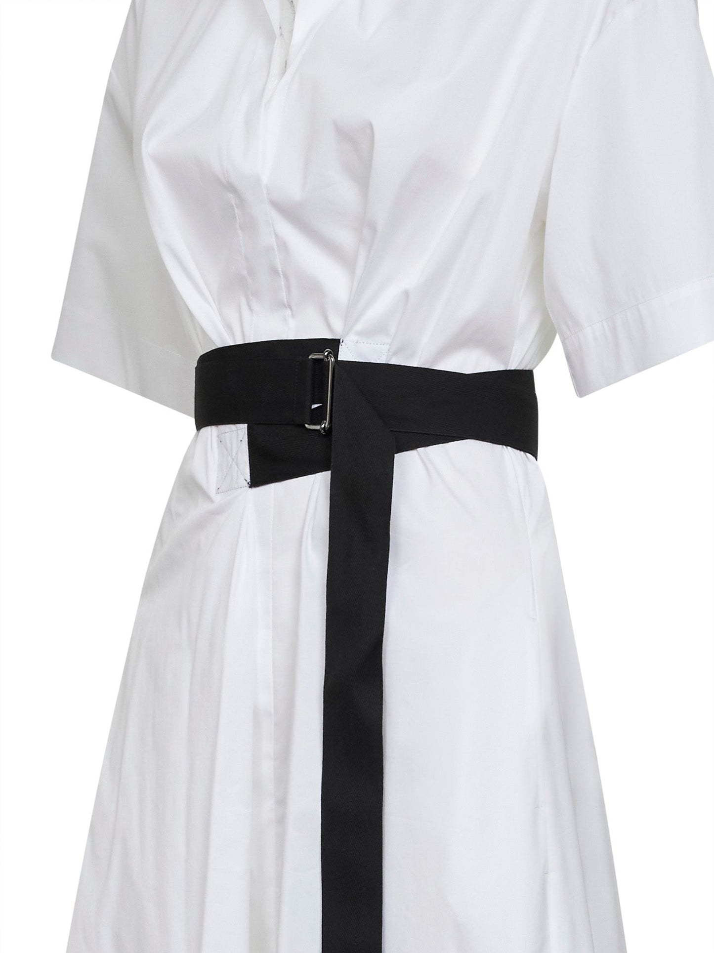 White Stretch Poplin Belted Midi Dress