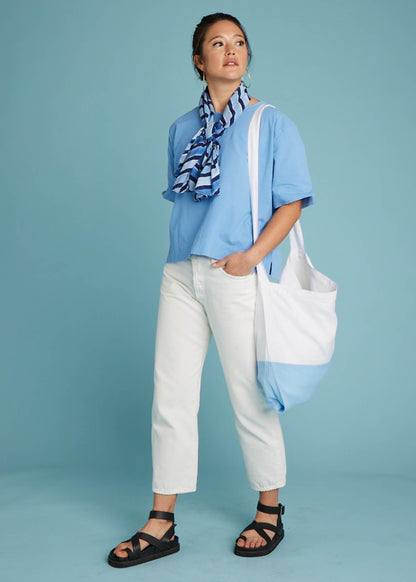 Mare Boxy Cropped Shirt - Linen Coastal Blue