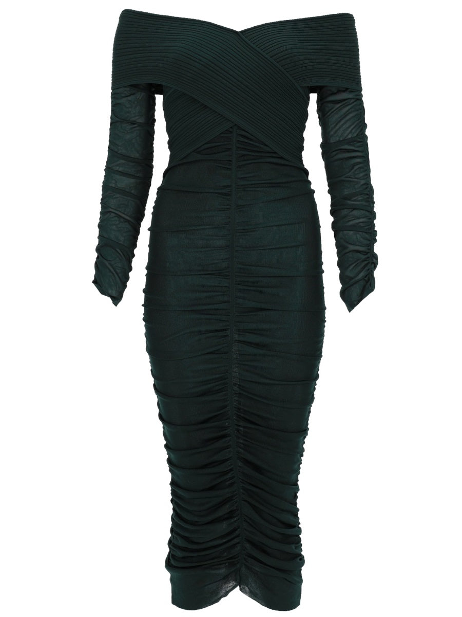 Midi Dress Gathered Viscose Green