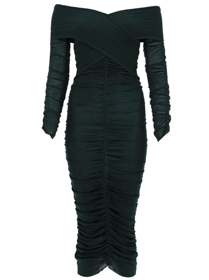 Midi Dress Gathered Viscose Green