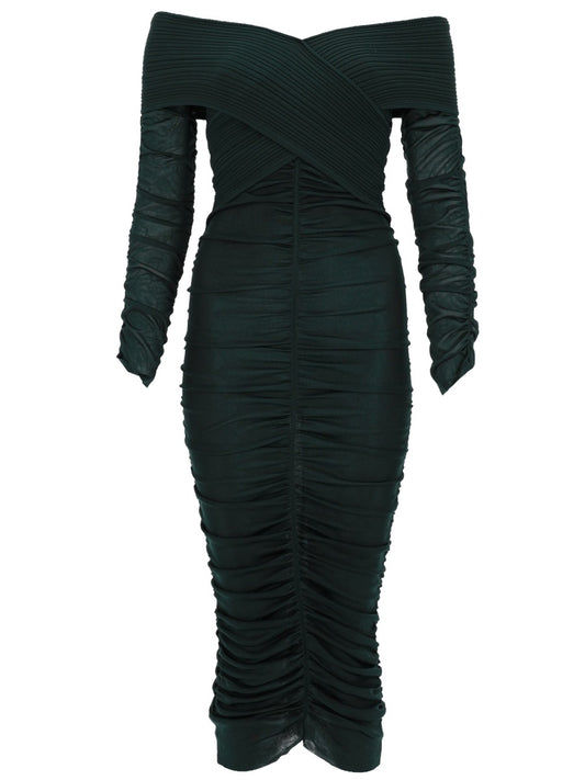 Midi Dress Gathered Viscose Green