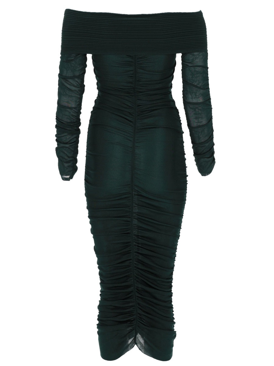 Midi Dress Gathered Viscose Green