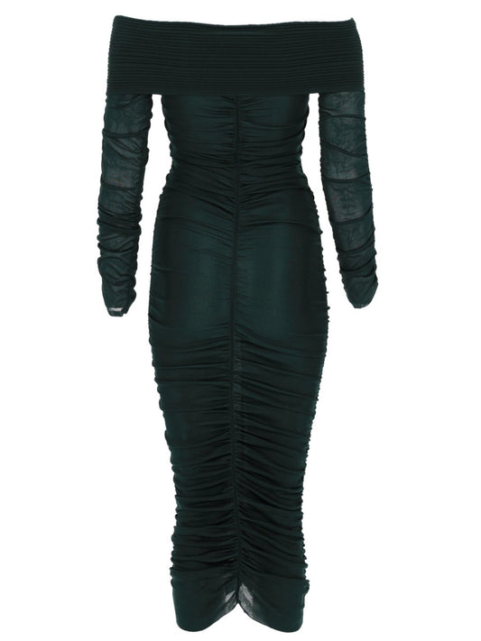 Midi Dress Gathered Viscose Green