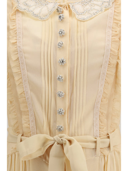 Dress Pleated Georgette Mini Tan