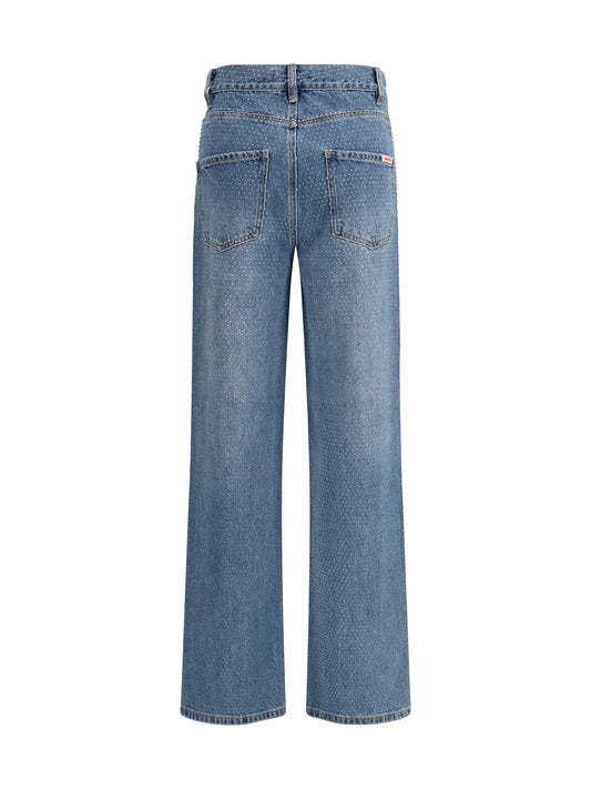 Straight-Leg Rhinestone Jeans Blue