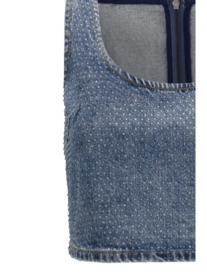 Crop Top Rhinestone Denim Blue