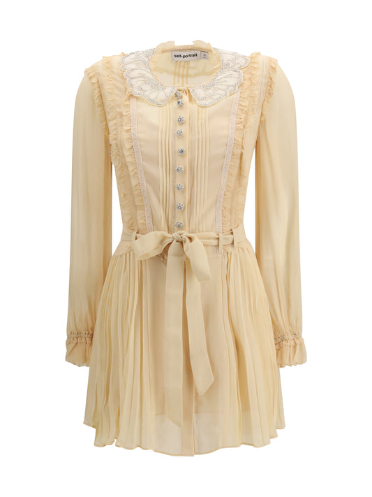 Dress Pleated Georgette Mini Tan