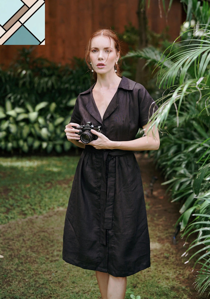ARYA Safari Linen Midi Dress, in Black by BrunnaCo BRUNNA CO
