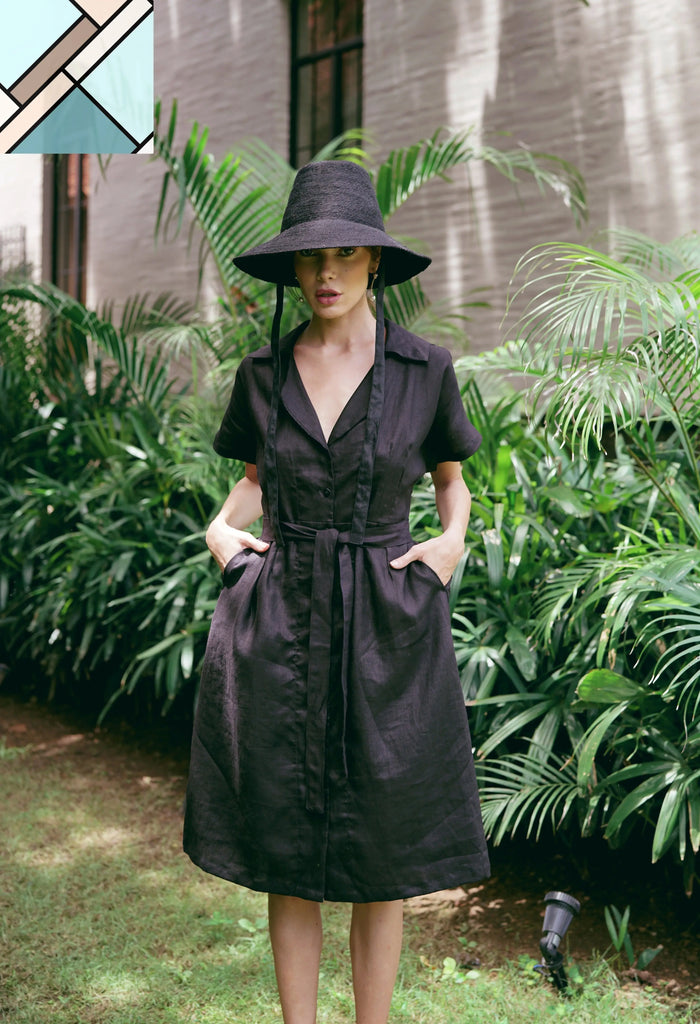 ARYA Safari Linen Midi Dress, in Black by BrunnaCo BRUNNA CO