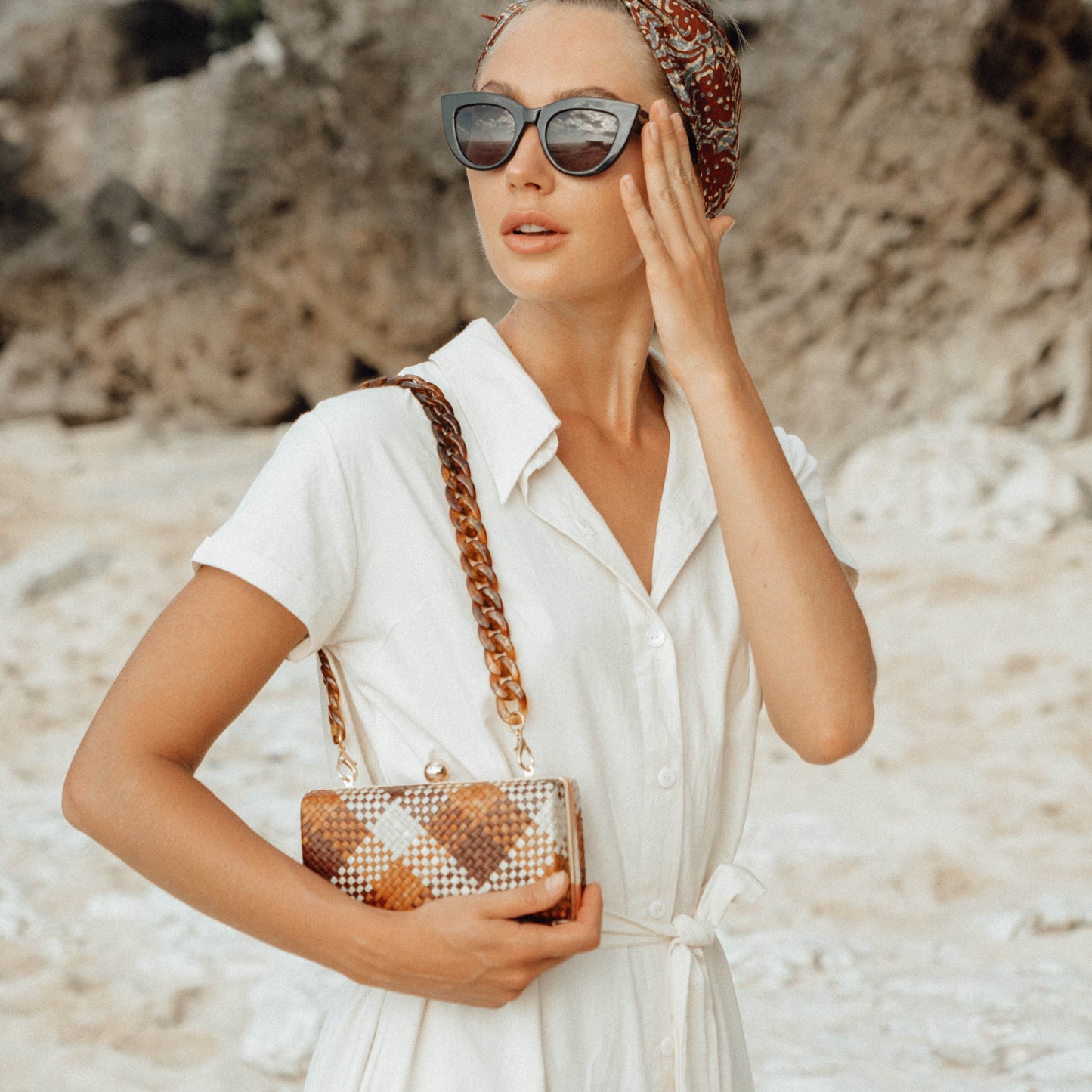 ARYA Safari Linen Midi Dress in Off White