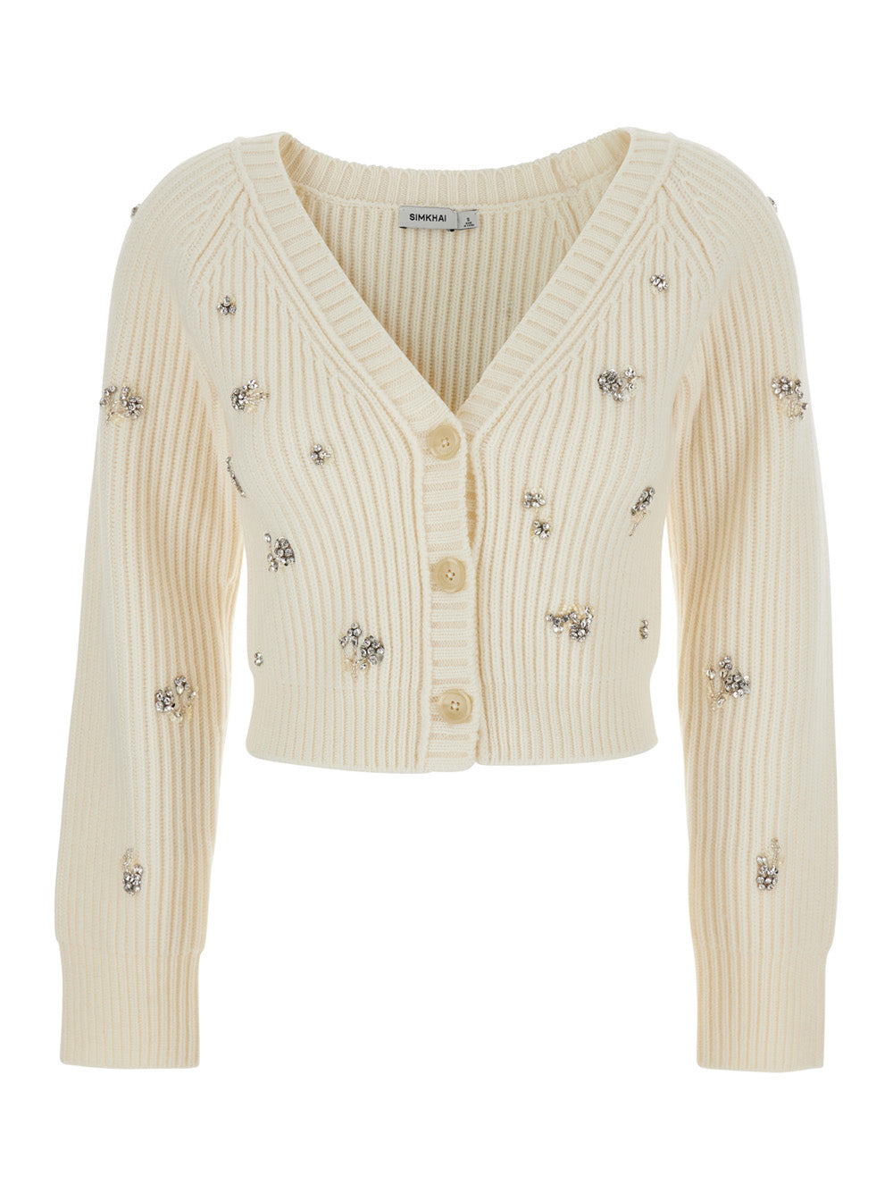 White Cropped Rhinestoned Cardigan With v Neck