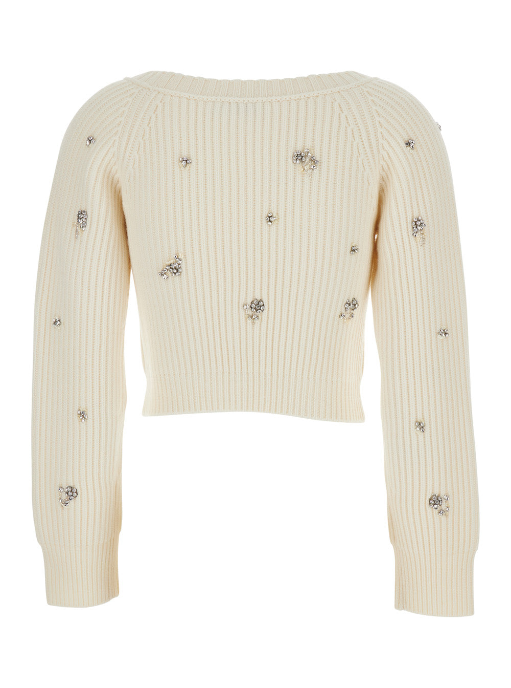White Cropped Rhinestoned Cardigan With v Neck