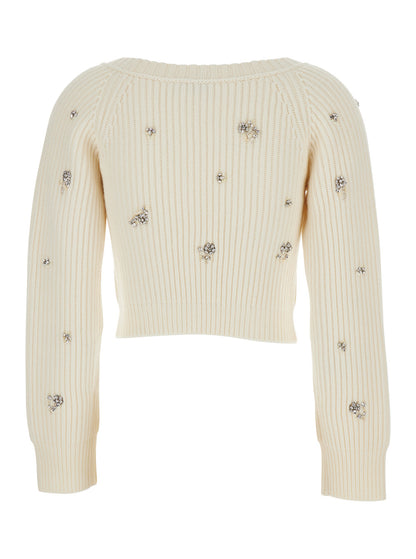White Cropped Rhinestoned Cardigan With v Neck