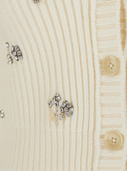 White Cropped Rhinestoned Cardigan With v Neck