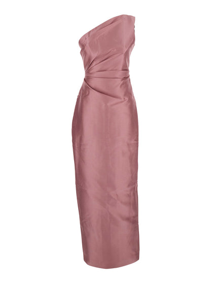 Pink One-Shoulder Long Dress With Draped Details