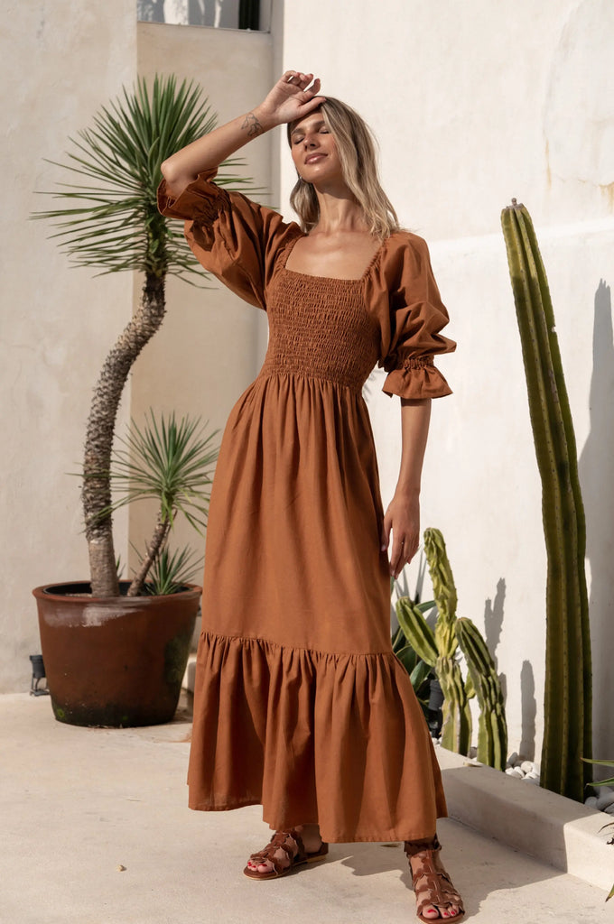 Almeria Smocked Midi Linen Dress by Bali Lane Bali Lane