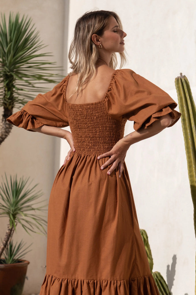 Almeria Smocked Midi Linen Dress by Bali Lane Bali Lane
