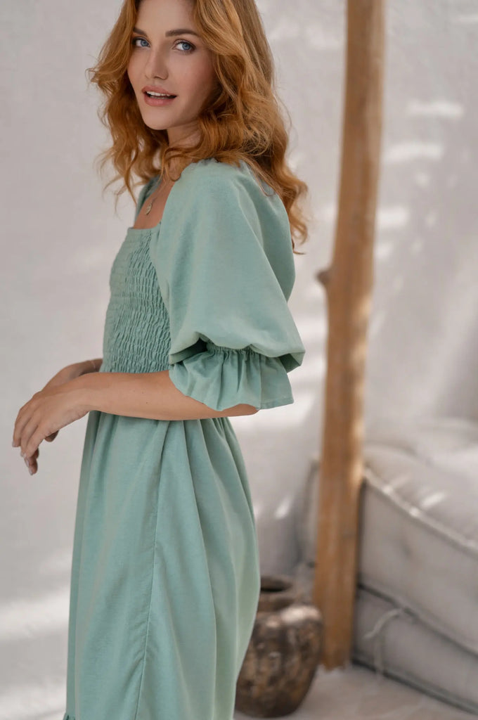 Almeria Smocked Midi Linen Dress by Bali Lane Bali Lane