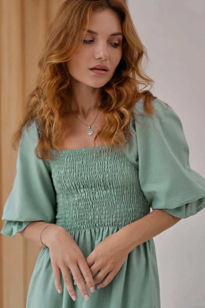 Almeria Smocked Midi Linen Dress by Bali Lane Bali Lane