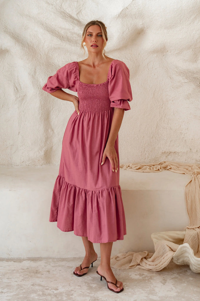 Almeria Smocked Midi Linen Dress by Bali Lane Bali Lane