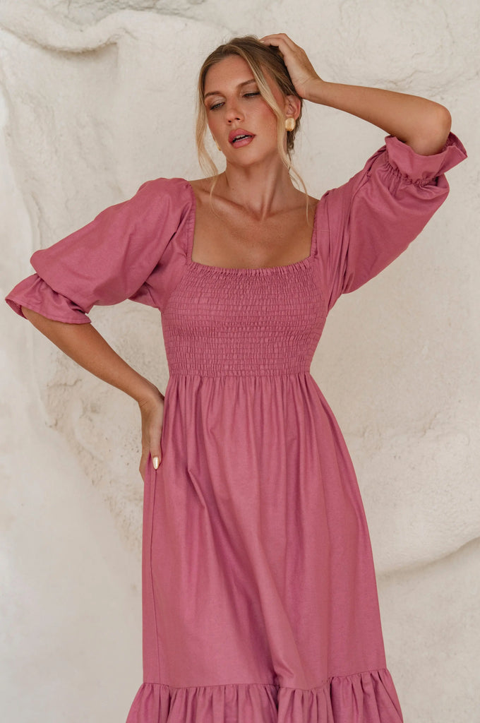 Almeria Smocked Midi Linen Dress by Bali Lane Bali Lane