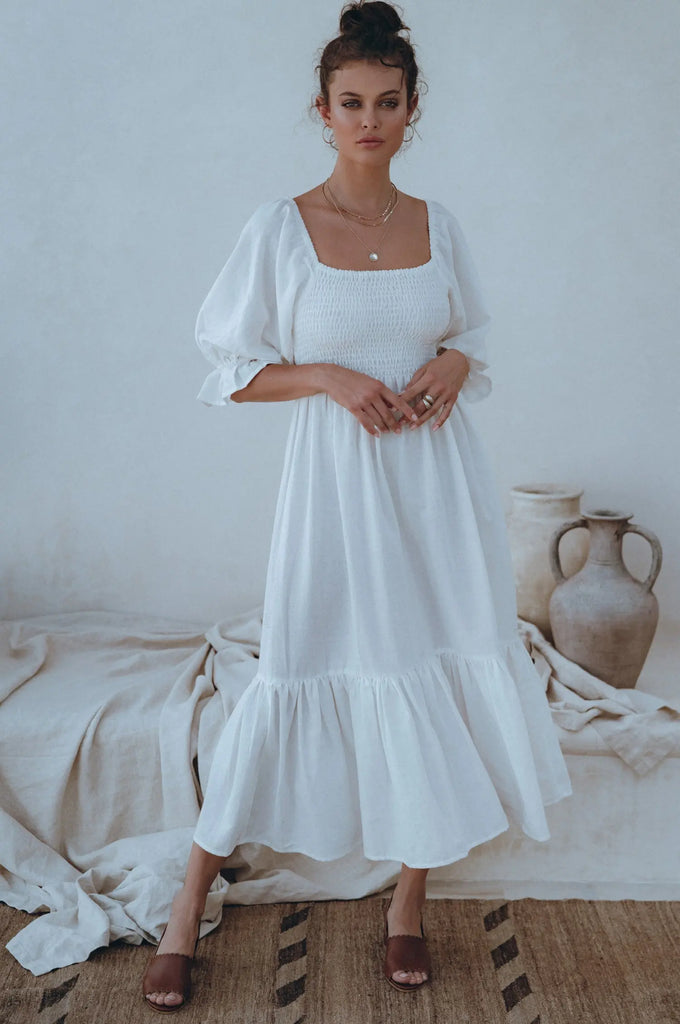 Almeria Smocked Midi Linen Dress by Bali Lane Bali Lane