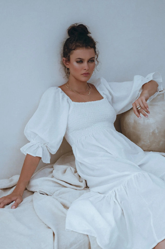 Almeria Smocked Midi Linen Dress by Bali Lane Bali Lane