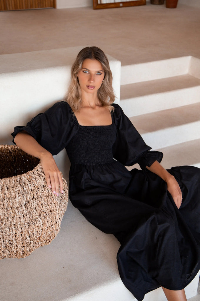 Almeria Smocked Midi Linen Dress by Bali Lane Bali Lane