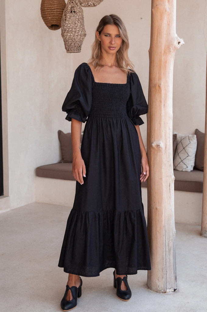Almeria Smocked Midi Linen Dress by Bali Lane Bali Lane