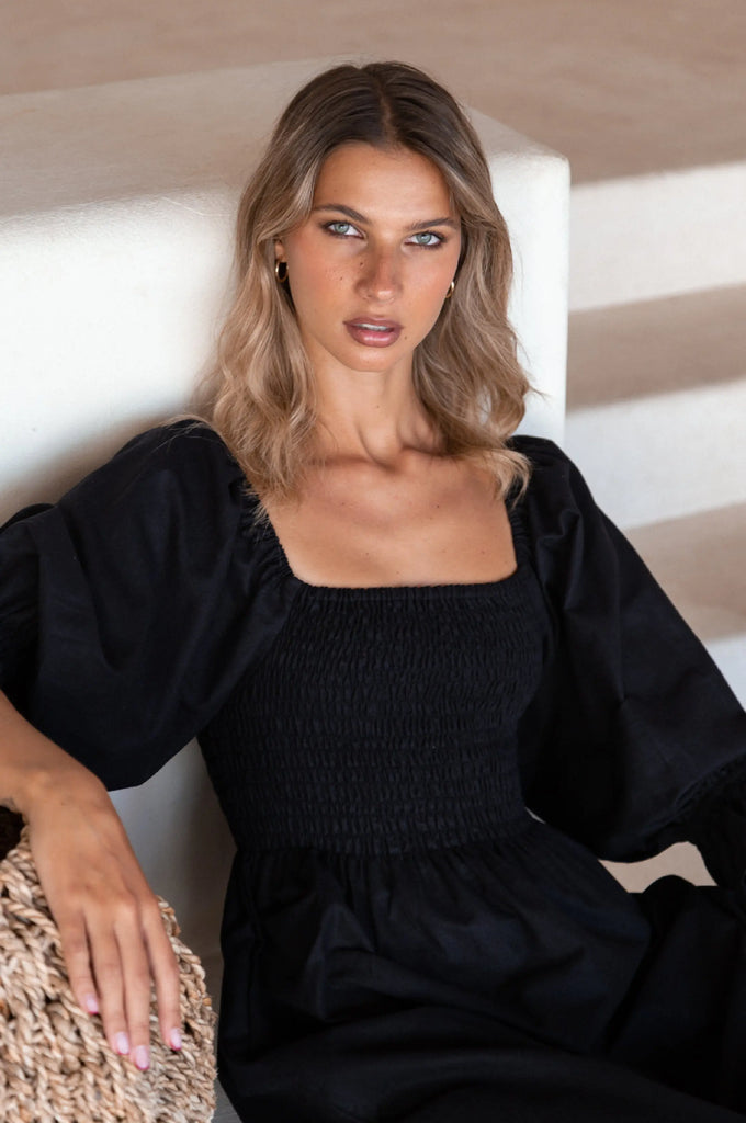 Almeria Smocked Midi Linen Dress by Bali Lane Bali Lane