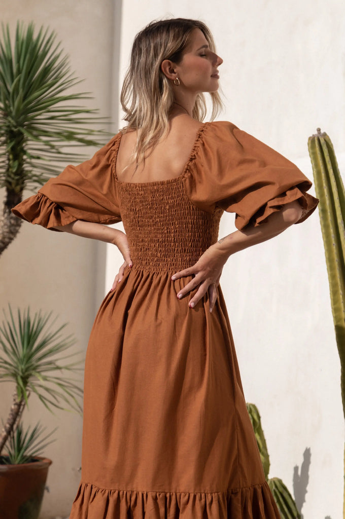 Almeria Smocked Midi Linen Dress by Bali Lane Bali Lane