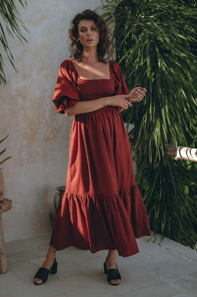 Almeria Smocked Midi Linen Dress by Bali Lane Ladiesse