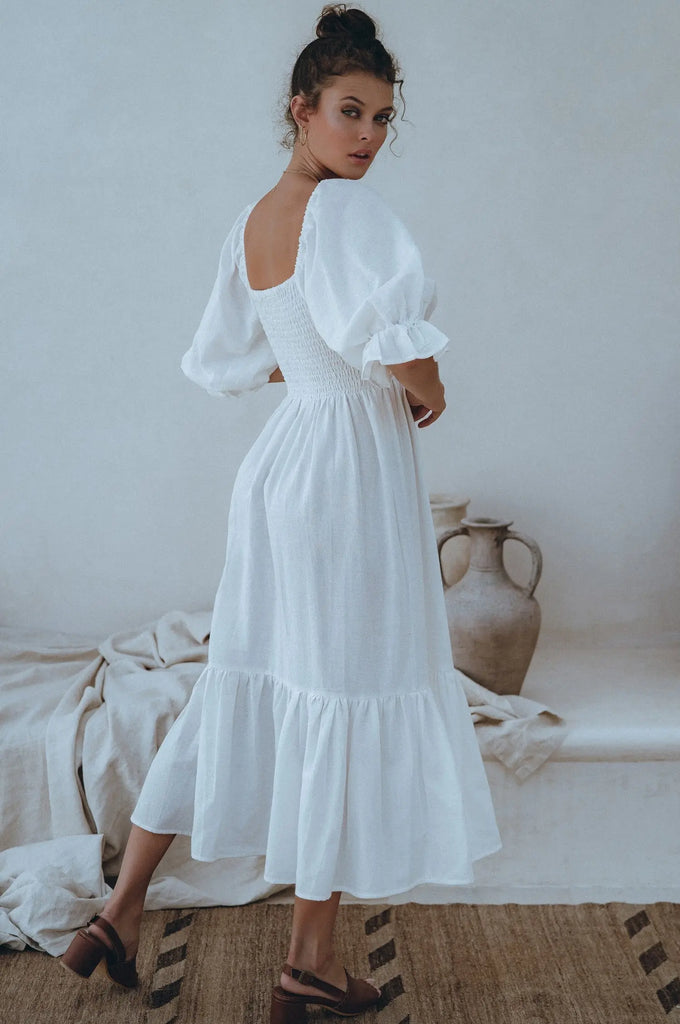 Almeria Smocked Midi Linen Dress by Bali Lane Ladiesse