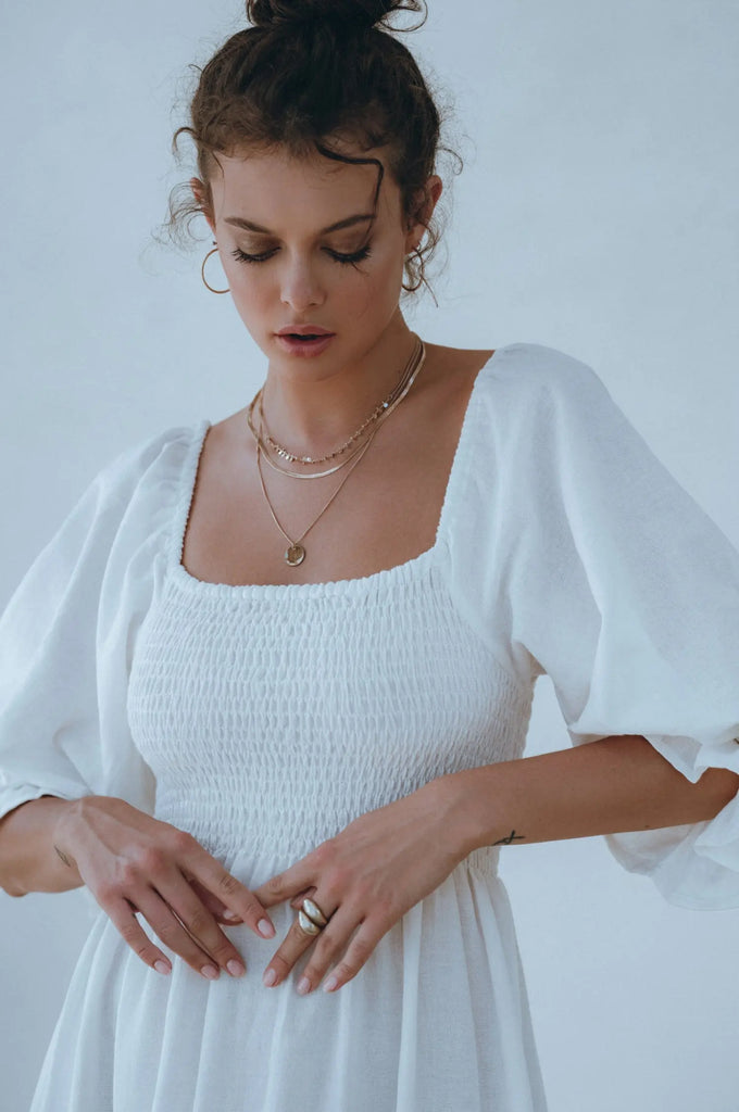 Almeria Smocked Midi Linen Dress by Bali Lane Ladiesse