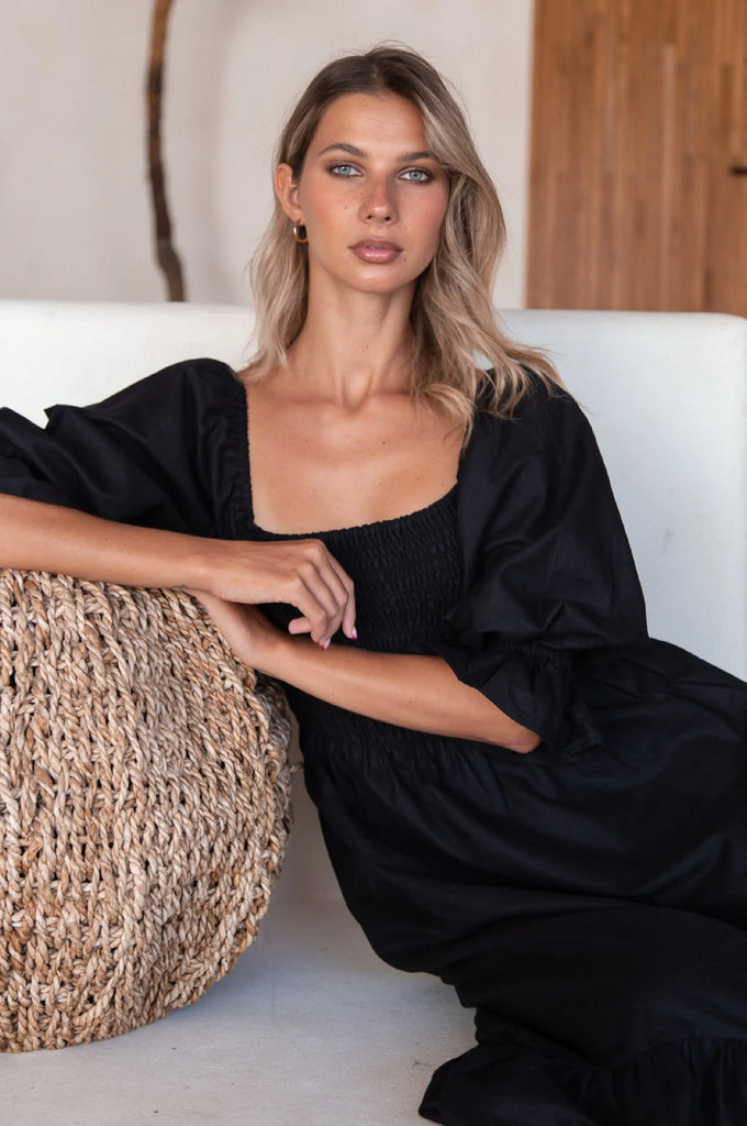 Almeria Smocked Midi Linen Dress by Bali Lane Ladiesse