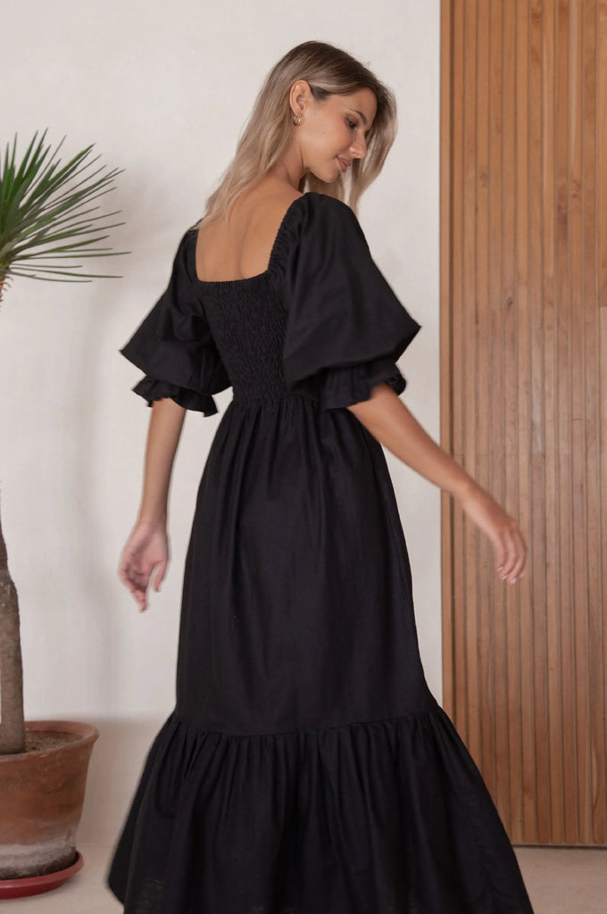 Almeria Smocked Midi Linen Dress by Bali Lane Ladiesse