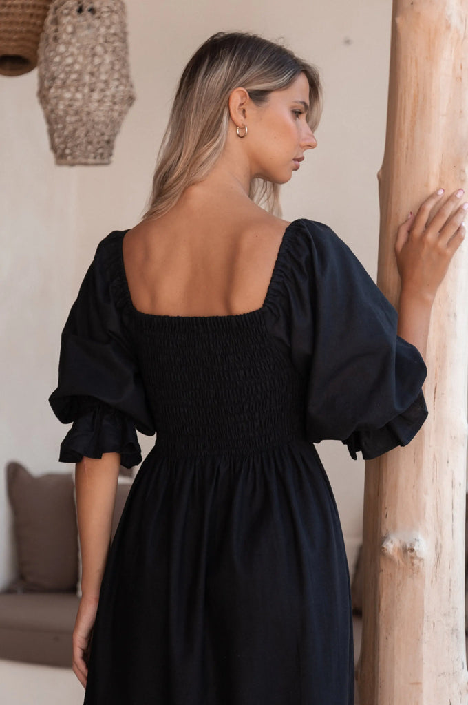 Almeria Smocked Midi Linen Dress by Bali Lane Ladiesse