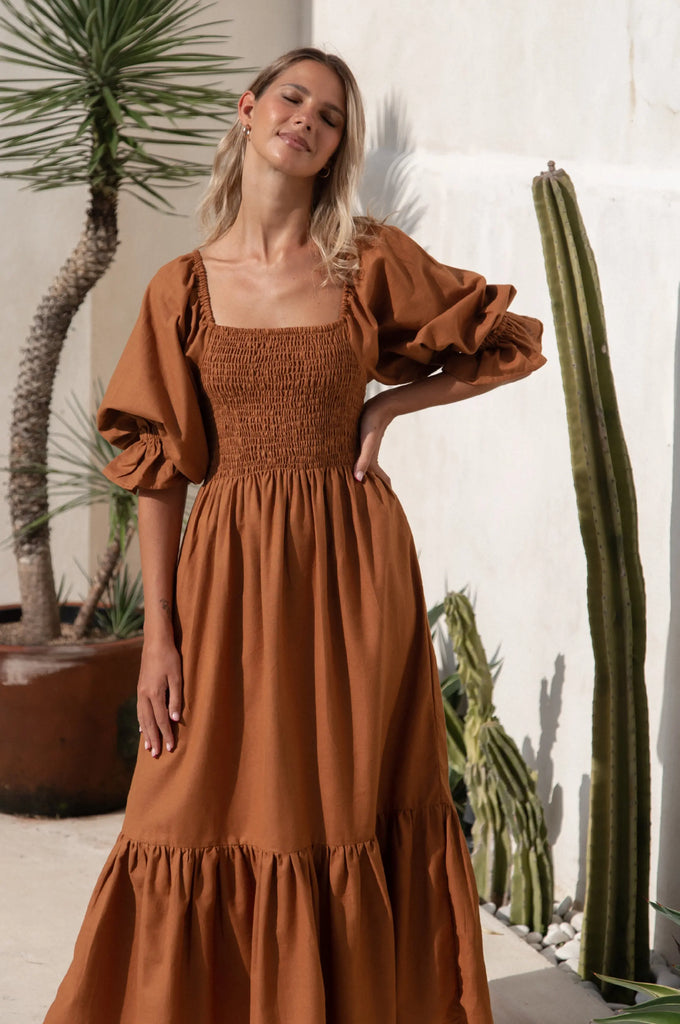 Almeria Smocked Midi Linen Dress by Bali Lane Ladiesse