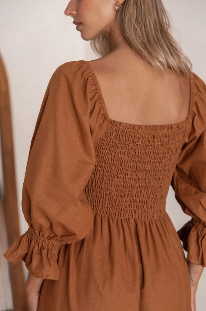 Almeria Smocked Midi Linen Dress by Bali Lane Ladiesse