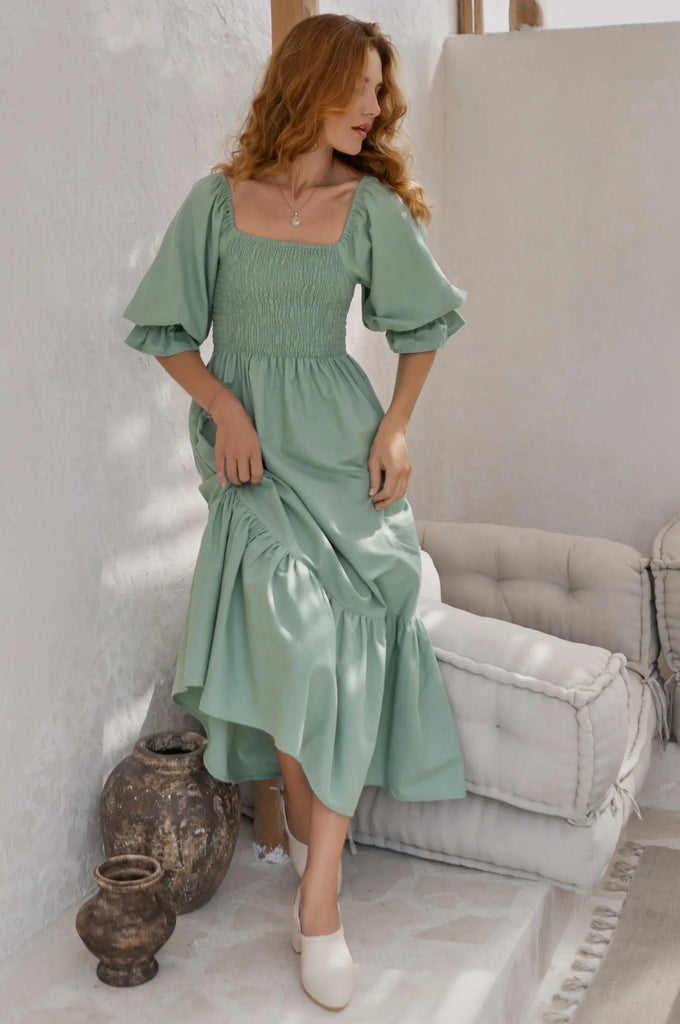 Almeria Smocked Midi Linen Dress by Bali Lane Ladiesse