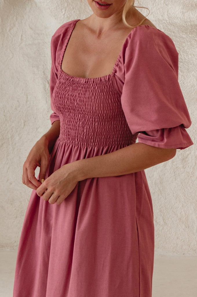 Almeria Smocked Midi Linen Dress by Bali Lane Ladiesse