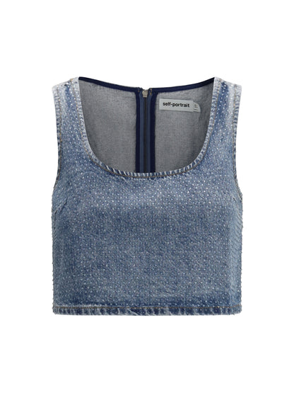 Crop Top Rhinestone Denim Blue