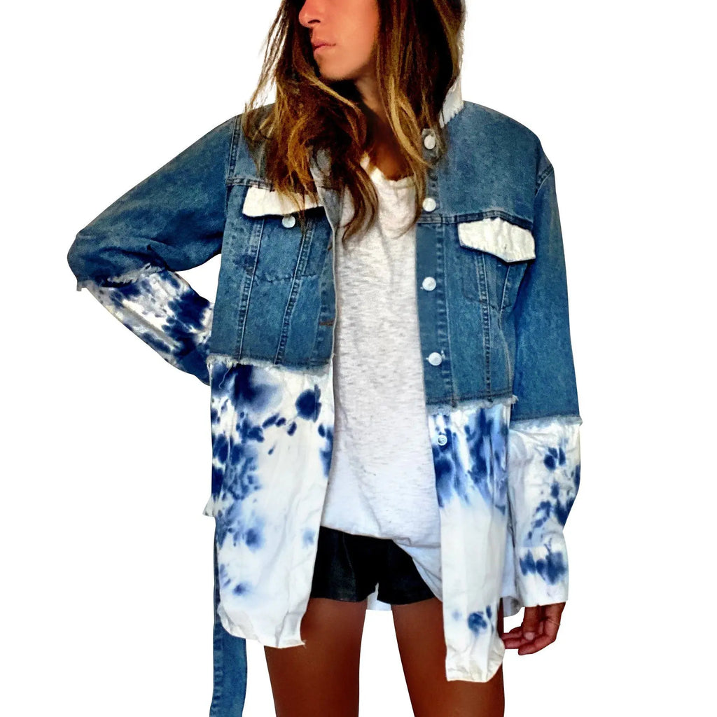 Blue denim, with white cotton along bottom half and bottom of sleeves. Blue tie dye pattern on white portion. Collar and front pockets painted white. Signed @wrenandglory.