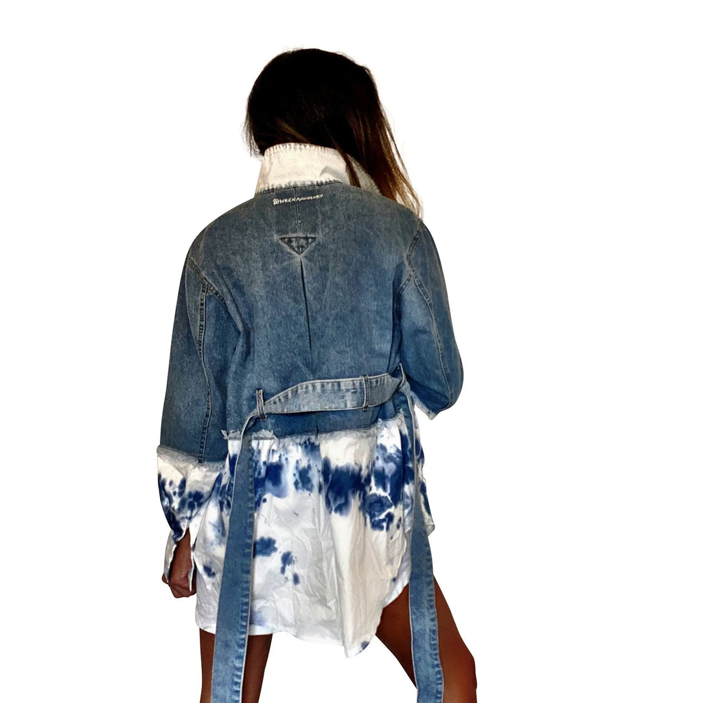 Blue denim, with white cotton along bottom half and bottom of sleeves. Blue tie dye pattern on white portion. Collar and front pockets painted white. Signed @wrenandglory.