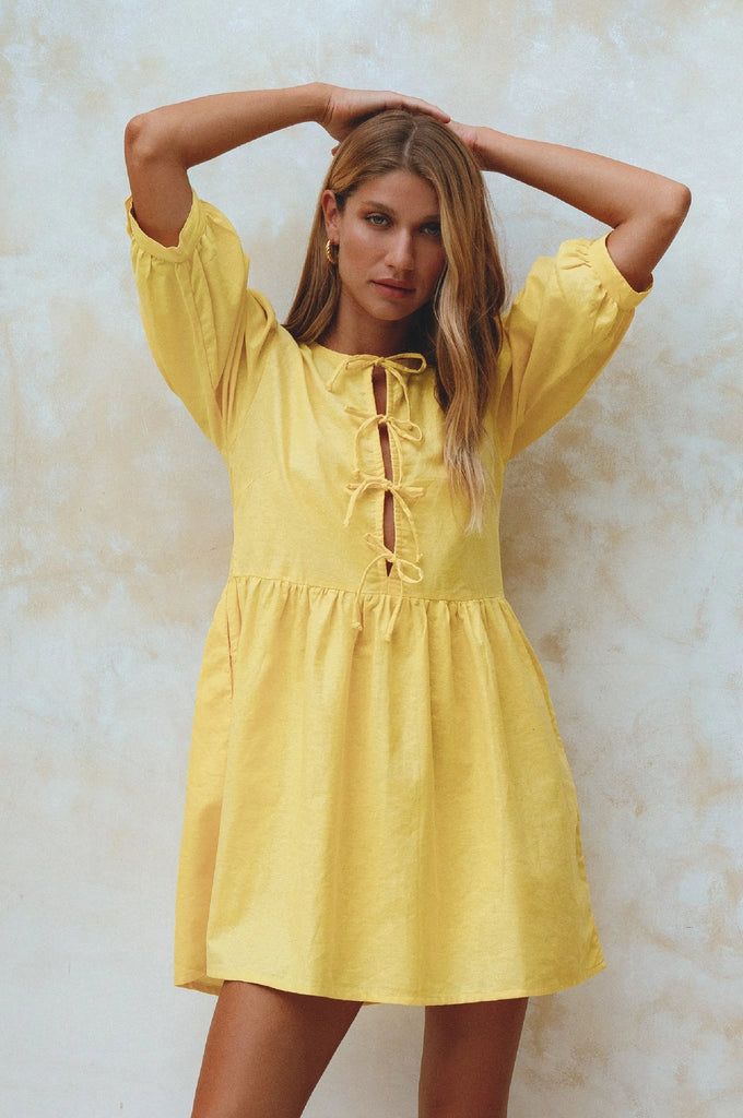 Beatrice Puff Sleeve Linen Mini Dress by Bali ELF Bali ELF