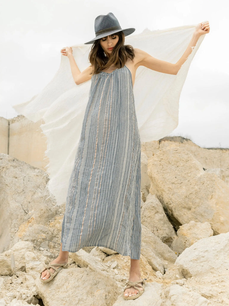 Canggu Maxi Dress Navy With Stripes - The Handloom