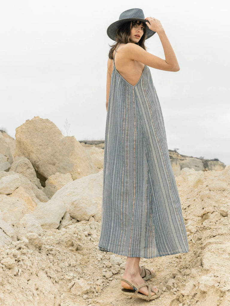 Canggu Maxi Dress Navy With Stripes - The Handloom