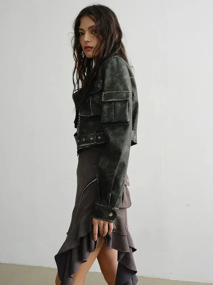 Cateey Vegan Leather Cropped Motorcycle Jacket by Marigold Shadows Marigold Shadows