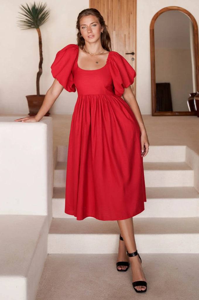 Cherie Puff Sleeve Midi Dress by Bali ELF - Ladiesse