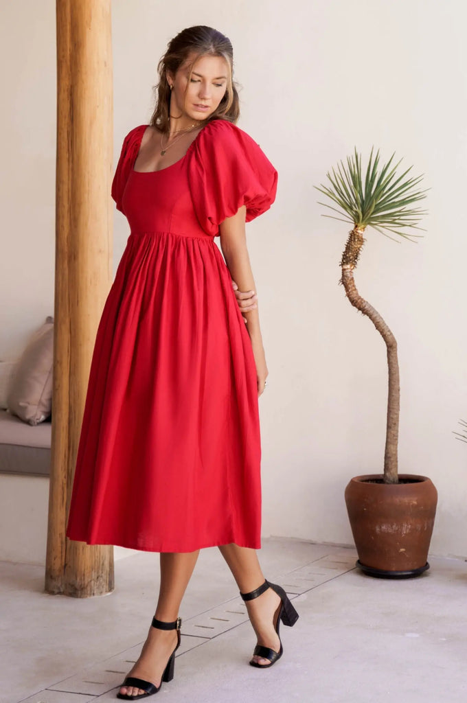 Cherie Puff Sleeve Midi Dress by Bali ELF - Ladiesse